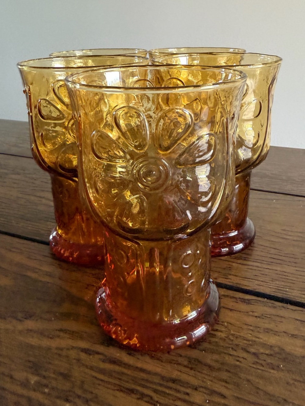 Set of 5 Vintage Libbey Glass Country Garden Amber Gold Beverage Glasses 12oz